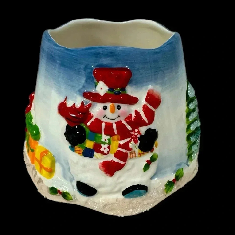 Home Interiors Ceramic Candle Capper Christmas Holiday Snowman Painted Topper